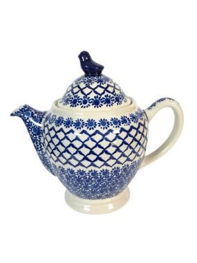 Boleslawiec Polish Pottery Teapot Bird Finial Hand Painted Blue & White Poland